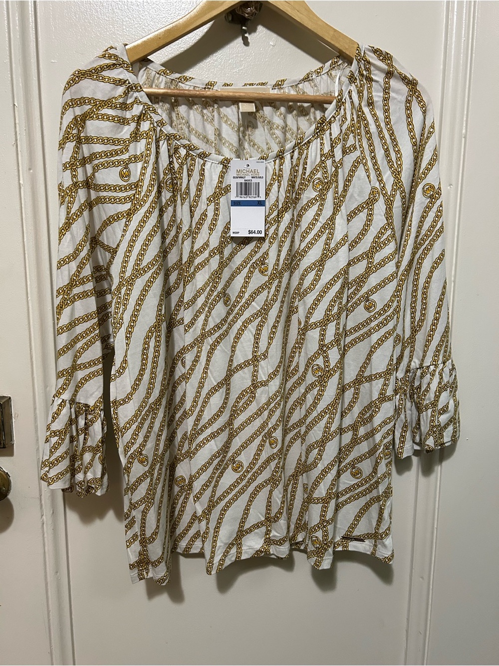 Michael Kors White Blouse with Gold Chain Motif NWT